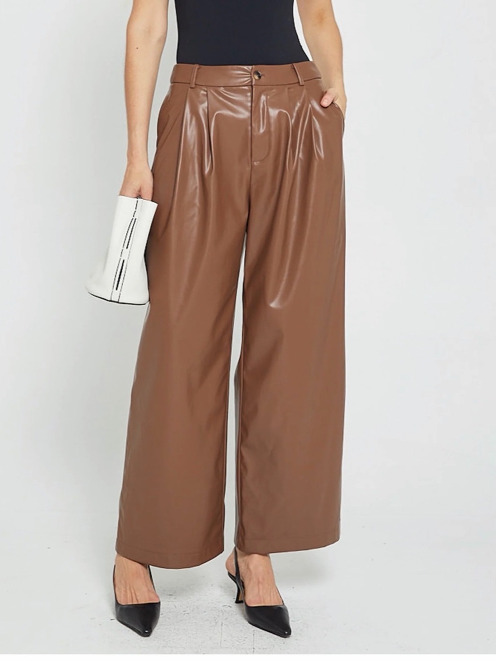 High-Rise Wide-Leg Vegan Leather Pants in Brown